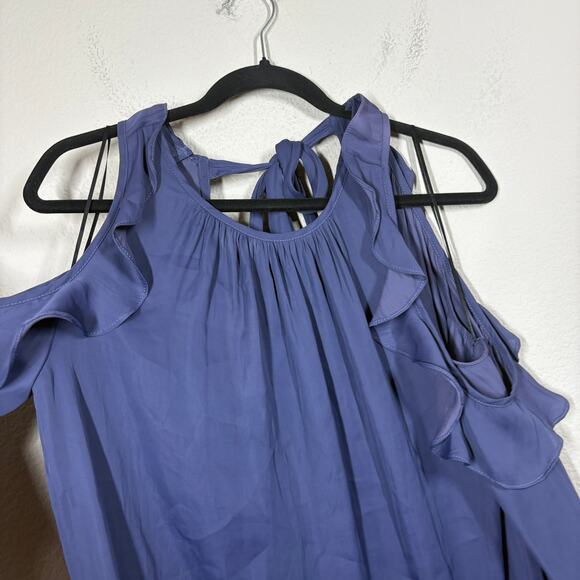 Alice & Trixie Medium Crepe Cold Shoulder Blouse Navy Ruffle Tie Back - Picture 5 of 9